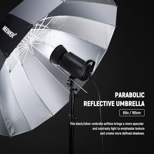 NEEWER 65"/165cm Parabolic Reflective Umbrella Photography with Silver Inner, Soft Lighting with Diffuser Cover, Bag, Quick Fold for Camera Photo Studio Video Light Shooting Monolight Flash, NS3U - color: Silver, size: 65"