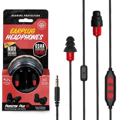Plugfones Protector Plus Volume Limited in-Ear Earplug Earbuds, Noise Reduction Headphones with Noise Isolating Mic and Controls, Black & Red - color: Black & Red (with Microphone)