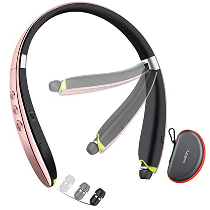 Bluetooth Headset, Neckband Bluetooth Headphones with Retractable Earbuds | Noise Cancelling Stereo Earphones with Mic, Foldable Wireless Headphones for Sports Office w/Carry Case, Rose Gold - color: Rose Gold