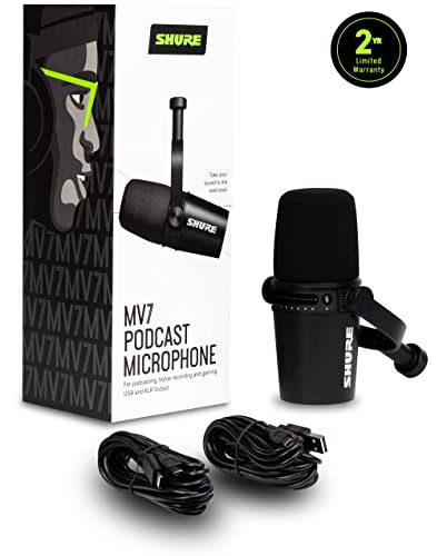 Shure MV7 USB Podcast Microphone for Podcasting, Recording, Live Streaming & Gaming, Built-in Headphone Output, All Metal USB/XLR Dynamic Mic, Voice-Isolating Technology, TeamSpeak Certified - Black | Live Streaming and Gaming, Built In Headphone Output,
