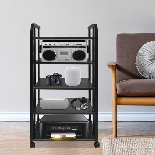 5 Tier Rolling AV Media Stand, Corner Audio Video Equipment Rack with Locking Wheels, Adjustable Shelves for Stereo Receiver Speakers and TV Components, Black
