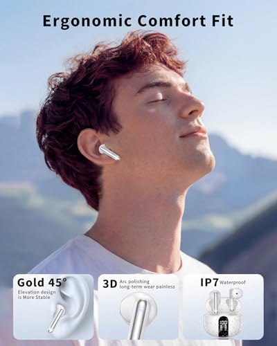 Wireless Earbuds, 2026 Bluetooth 5.4 Headphones Bass Stereo Ear Buds with Noise Cancelling Mic, LED Display in Ear Earphones 50H Playtime Ear Buds, IP7 Waterproof for Laptop Pad Phones Soft White - color: Soft White