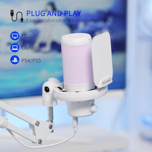 FEELWORLD VM1 White USB Gaming Condenser Microphone for pc, Boom Arm Stand - color: White