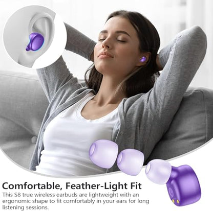 MOZOTER Mini Wireless Earbuds Bluetooth 5.3 in Ear Headphones Headsets | Light Weight,60Hrs Playtime Ear Buds with Charging Case,Smart Touch Control,Premium Sound with Deep Bass for Sport-Purple - color: Pure Purple