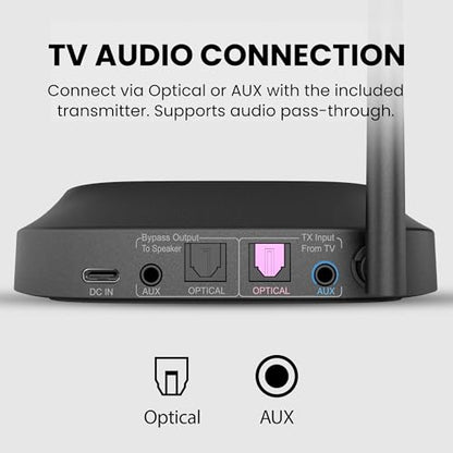 Avantree HT5009 Plus -Wireless TV Headphones with aptX-Adaptive Transmitter | TV Watching via Optical, AUX or Bluetooth, Clear Voice & Volume Boost for Seniors, Comfor Fit, 60H Playtime & Charging Dock