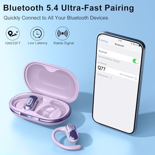 Open Ear Headphones, NEW Over Ear Earbuds with 4 ENC Noise-Canceling Mic | Ultra-Comfort Bone Conduction Earbuds, BT5.4, 50H HD Stereo, IPX7 Waterproof, Ergonomic Earhooks,Sports Ear Buds for Running - color: Lavender