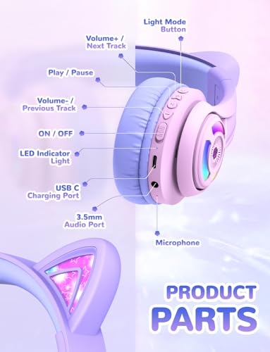 iClever BTH13 Kids Bluetooth Headphones for Girls, LED Cat Ear Travel Gift | SafeSound Tech, 50H Playtime, USB C Charging, AUX Cable, Stereo Sound, Kids Headphones Wireless with Mic for Tablet PC - color: Pink Gradient