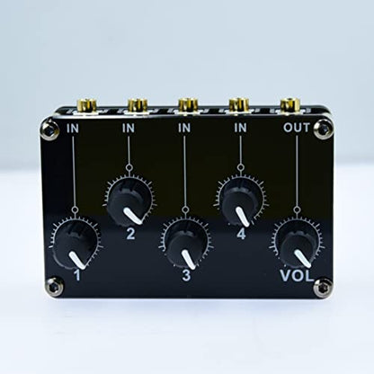 Multiple Input Mix 4 Way 1/8" inch in 1 Out Stereo Passive Mixer Headphone Sound Audio Speaker Splitter selector switcher 3.5mm udio Switch Box aux Loop Volume knob Control 3.5 mm Mixing Sharing