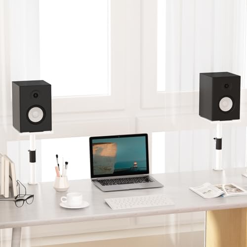 suptek Clamp-on Speaker Stand Desk Mount Set, Height Adjustment, Swivel, 9.6 x 8.8 inch Trays, Universal Audio Holders for Computer and Bookshelf Speakers, Elevated Sound, 2 Pack, White, SDM001GW - color: White, size: Fixed Speaker Stands
