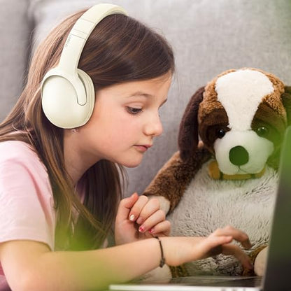 LORELEI B-E5 Kids Bluetooth Headphones, Wireless Headphones for Kids, Foldable 40H Playtime, Built-in mic, On Ear Headsets for Child/Teens/School/Tablet(Beige White) - color: White