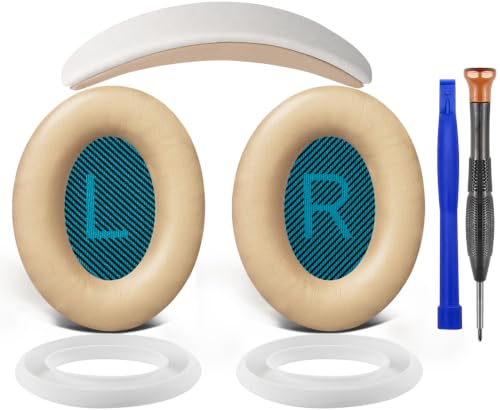 SOULWIT Replacement Kit for Bose QuietComfort 25 (QC25), Earpads Cushions + Headband + Silicone Sweat Cover - Beige - color: White&Beige