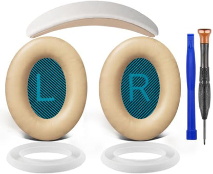 SOULWIT Replacement Kit for Bose QuietComfort 25 (QC25), Earpads Cushions + Headband + Silicone Sweat Cover - Beige - color: White&Beige