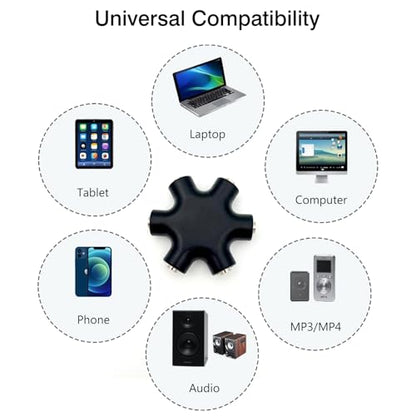 6-Way Headphone Audio Splitter – 3.5mm Male to 5-Port Female Stereo Adapter Cable for iPhone, Headsets, and Earphones