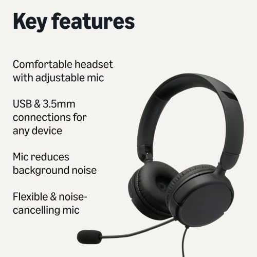 Amazon Basics On Ear Wired Computer Headset with Adjustable Microphone, 3.5mm Port or in-Line Control with USB-A Port, Foldable, Clear Sound, Small/Medium Size, Black - size: One Size, style: Wired