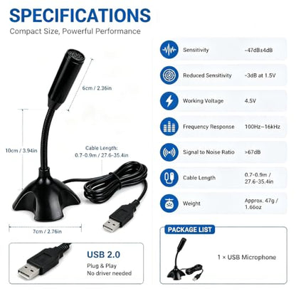 USB Microphone with Gooseneck Stand, Noise Canceling Condenser Mic, Plug & Play for PC Laptop, High Sensitivity (>2m) for Gaming, Podcast, Online Chat, Conference, Recording