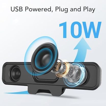 10W On Computer Speakers for Desktop, USB A USB C Wired Stereo Speaker Bar with Volume Control Mute Key, 1.5m Cable Length, Immersive Sound and Space Saving Design
