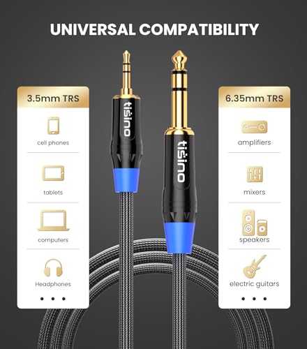 Tisino 1/8 to 1/4 Stereo Cable, 3.5mm to 1/4 Adapter Aux Cord Stereo Audio Cable for Guitar, Keyboard Piano, Laptop, Home Theater Devices, Speaker and Amplifiers,Nylon Braid-6ft - size: 6 feet