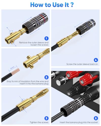2-Pairs/4-PCS Banana Plugs, Gold Plated Banana Plugs for Speaker Wire | Compatible with Wall Plate, Audio/Video Receiver, Amplifier, Home Theater, Sound System (Red + White) - size: 2 Pairs