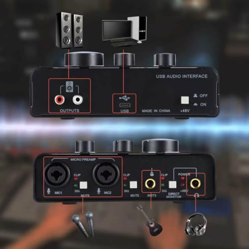 USB Audio Interface, 48V Phantom Power & XLR/TRS Combo Input, Computer Recording with Direct Monitor & Echo Knob, 16bit/48kHz, Plug & Play USB C for PC/Mac/iOS, for Guitar, Vocal, Karaoke – RXSKERTL