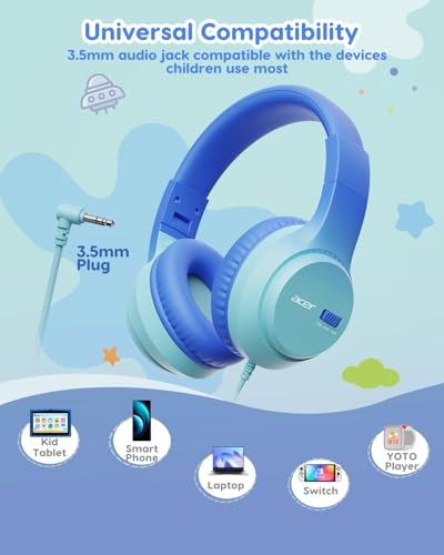 Acer Kids Headphones, 74‑85‑94dB Limiter, 3.5mm Jack, Blue OHW343 | Foldable Wired, for Toddler School/iPad/Chromebook/Tablet - color: Blue