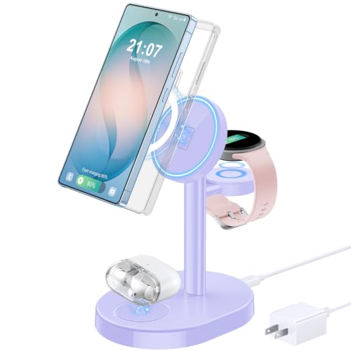Hevanto 3 in 1 Wireless Charger for Samsung Galaxy, 15W Magnetic Super Fast Charging Station for MagSafe Samsung Galaxy S26 Ultra S25 S24 S23 Fold Flip 8 Watch 8 7 Buds,Purple Not for Watch 9/Ultra 2 - color: Purple