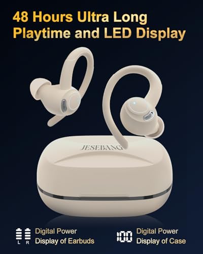 Wireless Earbuds, Bluetooth 5.4 Headphones Sport Over Ear Buds with ENC Mic | Noise Cancelling ,48H,Wireless Earphone With Earhooks, Stereo Deep Bass, IP7 Waterproof ear bud for Workout Running,Off White - color: Off White