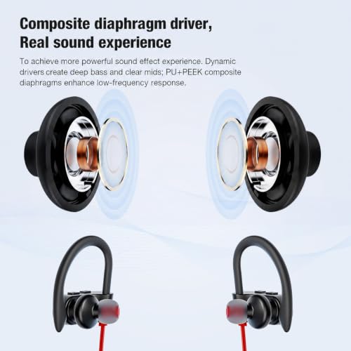 JOYWISE Bluetooth Headphones Wireless Earbuds 16H Playtime Wireless Headphones IPX7 Waterproof Bluetooth 5.3 Running Ear Buds with Mic Stereo in Ear Earphones Sound Isolation for Workout, Sports Red - color: Red