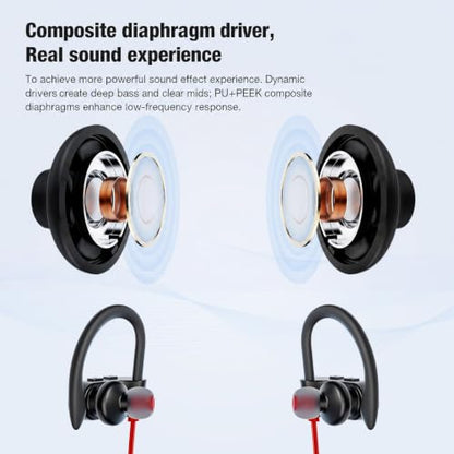 JOYWISE Bluetooth Headphones Wireless Earbuds 16H Playtime Wireless Headphones IPX7 Waterproof Bluetooth 5.3 Running Ear Buds with Mic Stereo in Ear Earphones Sound Isolation for Workout, Sports Red - color: Red