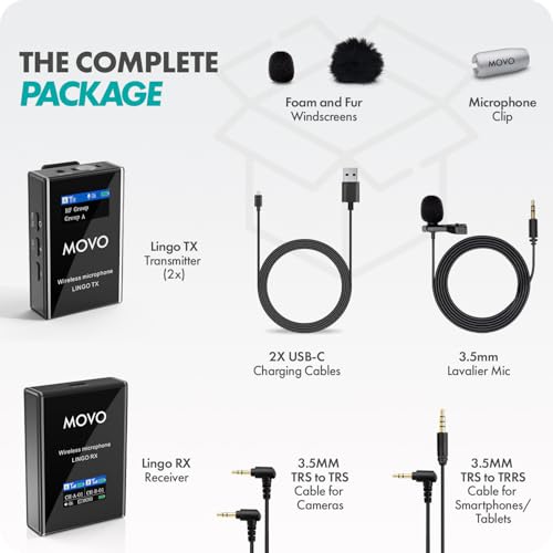 Movo Lingo-Duo 48-Channel UHF Wireless Lavalier Microphone System for Camera - Lav Mic Compatible with Canon, Nikon, and Sony DSLR Cameras - for Filmmaking, Vlogging, Interviews, Content Creation - style: 2 Transmitters