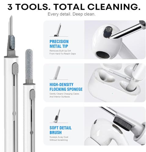 Cleaner Kit for AirPods Pro 3/2/1, 3-in-1 Earbud Cleaning Pen with Metal Tip, Soft Brush & Flocking Sponge, Cleaning Tool for Wireless Earbuds, Charging Case, Phone, Keyboard & Electronics