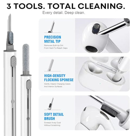 Cleaner Kit for AirPods Pro 3/2/1, 3-in-1 Earbud Cleaning Pen with Metal Tip, Soft Brush & Flocking Sponge, Cleaning Tool for Wireless Earbuds, Charging Case, Phone, Keyboard & Electronics
