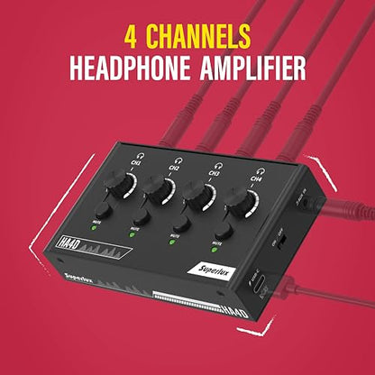 Superlux HA4D 4-Channel Headphone Amplifier, USB-C Power, Volume and Mute | For podcasts, classrooms and group recording; 4 independent 3.5mm outputs with volume and mute controls plus USB-C power.