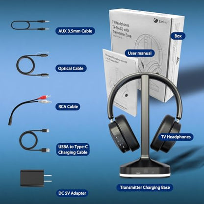 Wireless Headphones for TV Watching, TV Headphones Wireless for Seniors with 3 Audio Modes, Bluetooth Headphone with Transmitter Charging Base, No Delay Over Ear Headset, Gifts for Parents/Elderly
