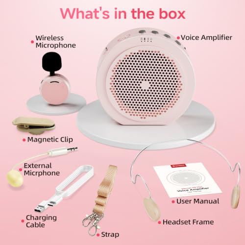 Moman Wireless Voice Amplifier with Lavalier Mic, 20H Battery 164ft Range Sensitive Pickup Noise Reduction PA System Bluetooth Portable Magnetic Charging Dock, Amplifier for Teacher Yoga Tour, Pink - color: Pink