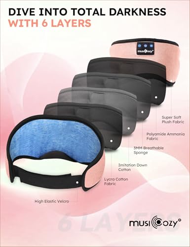 MUSICOZY Sleep Headphones Bluetooth 5.4 Sleep Eye Mask with HD Speakers | Soft Cotton Fabric, Flat Design, 14 Hours Playtime, Washable Headband Style for Side Sleepers, Travel Meditation Relaxation - color: Pink