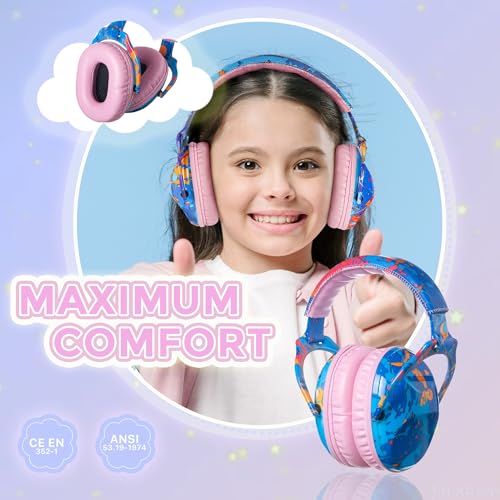 Kids Ear Protection Safety Ear Muffs, NRR 25dB Noise Reduction Children Earmuffs, Hearing Protectors for Sleeping, Studying, Airplane, Concerts, Fireworks-Blue Painting with Pink Band - color: Pink Band Blue Painting