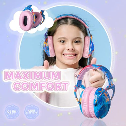 Kids Ear Protection Safety Ear Muffs, NRR 25dB Noise Reduction Children Earmuffs, Hearing Protectors for Sleeping, Studying, Airplane, Concerts, Fireworks-Blue Painting with Pink Band - color: Pink Band Blue Painting