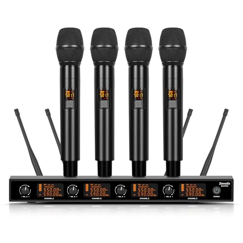 Wireless Microphone System, 4 Channels UHF Metal Cordless Handheld Wireless Mics Set - Adjustable Frequencies, Auto Scan, 165ft Range for Karaoke Singing Meeting Church Wedding (BLM404) - size: BLM404