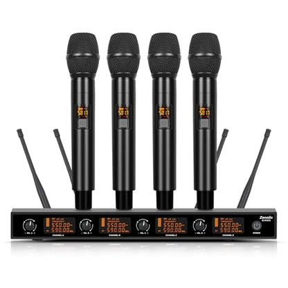 Wireless Microphone System, 4 Channels UHF Metal Cordless Handheld Wireless Mics Set - Adjustable Frequencies, Auto Scan, 165ft Range for Karaoke Singing Meeting Church Wedding (BLM404) - size: BLM404