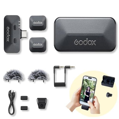 GODOX Alink Kit2 Dual Lavalier Microphone for Camera and Phone, 2-Person Recording Mic with Charging Case & Digital Hot Shoe, 48kHz/24bit High-Res Audio, 300m Remote Range, for iPhone, Vlog, Podcast