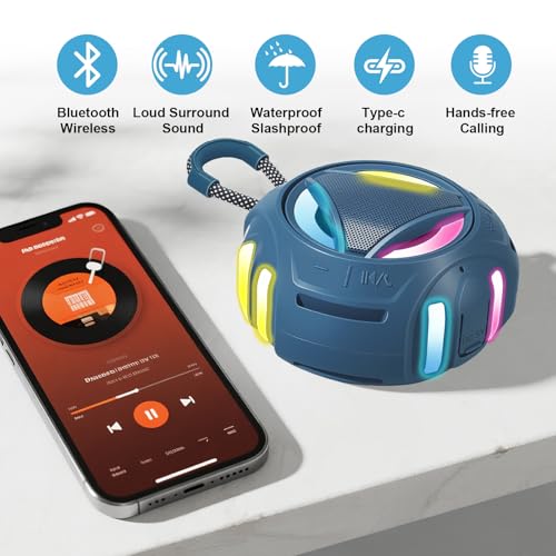 Portable Bluetooth Speaker, IPX7 Waterproof Shower Speaker, Wireless Outdoor Speakers, Floating, Built-in Mic, 24H Playtime with LED Lights, Loud HD Sound, Powerful Bass, Gifts for Unisex - Blue - color: Blue