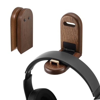 Wood Headphone Hanger Wall Mount Stand，Foldable Headset Holder Hook | Sticky Headset Hook,Under Desk Headphone Hanger,Gaming Accessories for Desk,Compatible with Airpods Max,Clamp for Audio