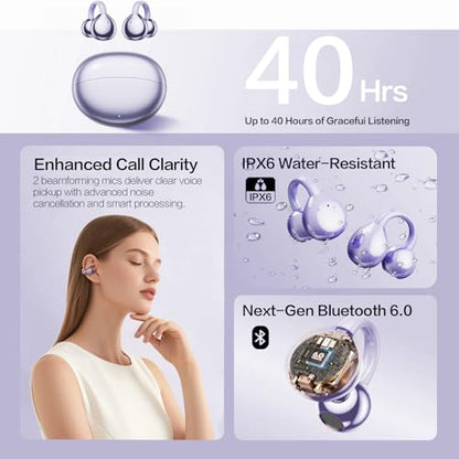 2026 Open Ear Clip On Earbuds with Detachable Butterfly Earrings, Bluetooth 6.0 Wireless Headphones for Women, 50H Playtime, Lightweight & Pain-Free Fit for Small Ears, IPX6 Great Gift Purple - color: Purple