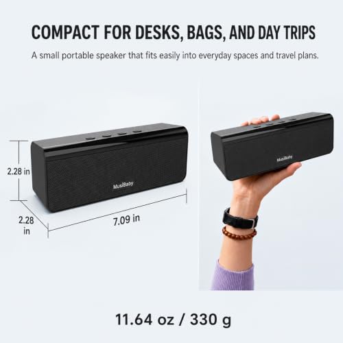 Musibaby M71 Small Portable Bluetooth Speaker, 10W, 24H, IPX5, Black | Rechargeable wireless outdoor speaker with stereo pairing, TF card, USB and AUX for camping, beach, poolside and travel.