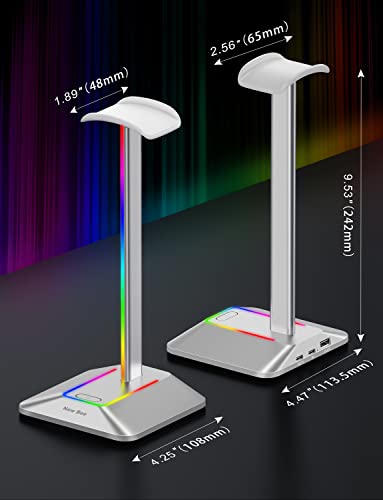 New Bee RGB Headphone Stand with 1 USB-C Charging Port and 1 USB Charging Port, Desk Gaming Headset Stand with 7 Light Modes and Non-Slip Rubber Base Suitable for All Earphone Accessories (Silver) | USB-C & USB Charging Ports, Stable Desktop Earphone Stan