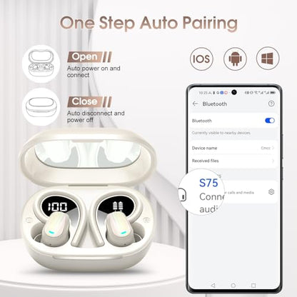 Wireless Earbuds, Bluetooth 5.4 Headphones Sport, Over Ear Buds with ENC Noise Canceling Mic, Deep Bass Stereo Ear Buds with Hook, 50H Playback, LED Display, IP7 Earphones for Workout Running, White | 50H Playback, IP7 Waterproof Earphones for Workout Run