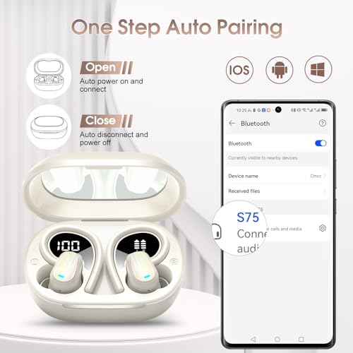 Wireless Earbuds, Bluetooth 5.4 Headphones Sport, Over Ear Buds with ENC Noise Canceling Mic, Deep Bass Stereo Ear Buds with Hook, 50H Playback, LED Display, IP7 Earphones for Workout Running, White | 50H Playback, IP7 Waterproof Earphones for Workout Run
