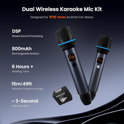 Wireless Microphone Kit, Dual Handheld Rechargeable Karaoke Mics with Receiver, Low Latency, 15m/49ft Range, 6H Duration, Compatible with V10 Series Car Stereo for Singing Party