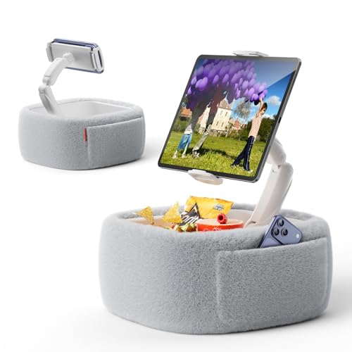 LULULOOK Tablet Pillow Stand, Compatible with iPad, iPhone and 4.7-14.6”Tablet, 360° Adjustable Kindle Pillow Stand for Bed with Ultra Fluffy Fabric & Snack Bowl (Fluffy Gray) - color: Fluffy Gray