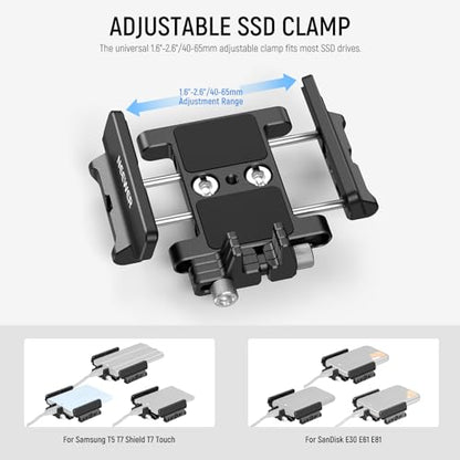 NEEWER Mount Bracket SSD Holder with Cold Shoe Cable Clamp, UA035 | 1.6"-2.6" Compatible with Samsung T5 T7 Sandisk SSD SmallRig BMPCC 4K 6K Cage iPhone 17 16 15 Pro Max Phone Cage - style: UA035
